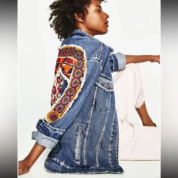 Denim bohemian stitched Aztec tribal floral embroidered denim jacket coat - Picture 14 of 16